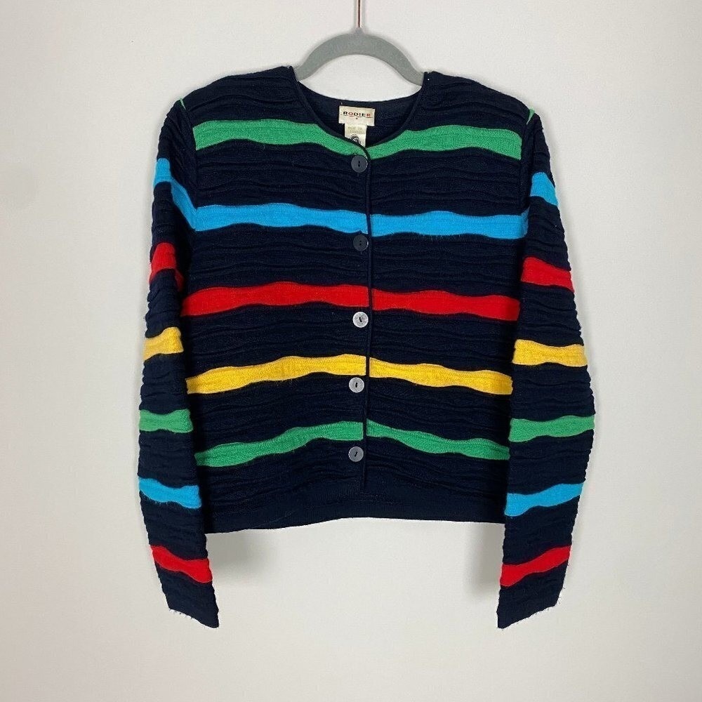 Vintage Rodier France Colorful Striped Cardigan Sweater Navy Blue Wool Blend
